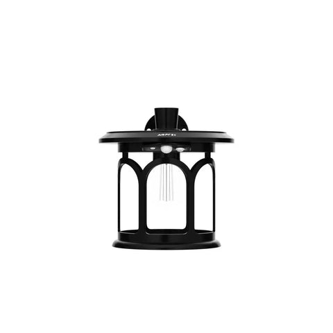 Front view of black Lit Two Pack Solar Wall Lights Outdoor With Motion Sensor And Dusk To Dawn Waterproof Lantern Sconces