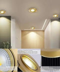 9-Pack of 3-Inch Brass LED Recessed Lights, Round Retrofit Ceiling Fixtures with Lush Gold Trim in modern ceiling design.