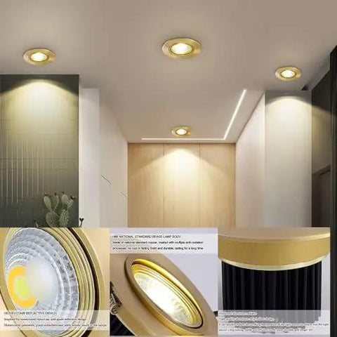 9-Pack of 3-Inch Brass LED Recessed Lights, Round Retrofit Ceiling Fixtures with Lush Gold Trim in modern ceiling design.
