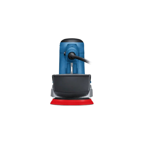 Front view of a 5 Inch Multi Hole Random Orbit Sander And Polisher with Pad Dampening System, blue and red design for woodworking finishing.