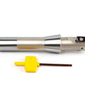 Beefy Indexable End Mill With R8 Shank One Inch Cutting Diameter Five And Twenty Seven Thirty Second Inch Overall Length Ninety Degree Right Hand Cut Two Flutes Carbide Insert Ready AP16 Nickel Plated Includes Two APKT1604 Carbide Inserts shown with yellow wrench