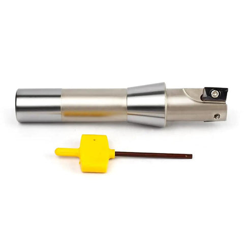 Beefy Indexable End Mill With R8 Shank One Inch Cutting Diameter Five And Twenty Seven Thirty Second Inch Overall Length Ninety Degree Right Hand Cut Two Flutes Carbide Insert Ready AP16 Nickel Plated Includes Two APKT1604 Carbide Inserts shown with yellow wrench