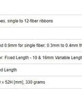 Specifications for Battle Tested Pro Grade Optical Fiber Cleaver Precision Cutting Rig, including dimensions and fiber types.