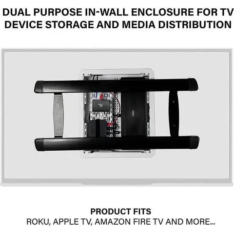 Straight Up Zero Clutter In Wall Media Box, Smooth Hassle Free Cable Management, Dual Purpose Structured Wiring Enclosure, 17 Inch White Recessed Home Theater TV Storage, top view of enclosed media box for device fitting.