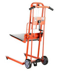 VEVOR material lift winch stacker with 330 lb capacity pallet platform, orange frame, swivel casters