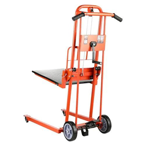 VEVOR material lift winch stacker with 330 lb capacity pallet platform, orange frame, swivel casters