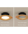 JUDYSSY 11Pack Wood Color Round Recessed Downlight LED lighting on and off display, showcasing aluminum baffle trim.
