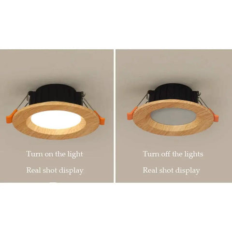 JUDYSSY 11Pack Wood Color Round Recessed Downlight LED lighting on and off display, showcasing aluminum baffle trim.