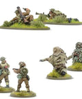 28mm British WWII Bolt Action teams, including flamethrower, PIAT, and ghillie-suited sniper, from tabletop miniatures set.