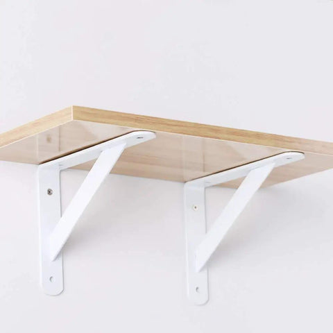 White Heavy Duty L Shaped Shelf Bracket Rock Solid Wall Mount No Worries Install Rust Free Iron Corner Support For Bookcases Room Divider High Gloss White Finish supporting a wooden shelf.