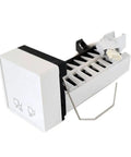 White Icemaker Kit For Freezer Model RIM8224 Replacement With Easy Install, All Parts Included shown at an angle on white