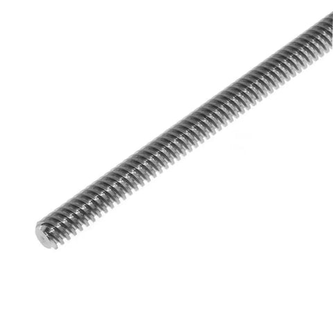 Close-up of stainless steel lead screw rod for stepper motor and 3D printer applications, smooth quiet Z axis threaded rod.