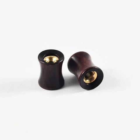 Two Tone Hollow Gold Stainless Steel And Sandalwood Ear Tunnels Plugs Set For Stretched Ears 0G To 1 Inch Double Flared Expander Hypoallergenic Body Jewelry 2 Pack Dope