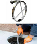 Heavy Duty Steel Drain Snake Strip Five Centimeters Wide Sixty Five Feet Long For Stubborn Sewer Clogs Clearing Main Lines And Wastewater No Sweat Guaranteed Tough Resilience in use with a person inserting it into a drain.