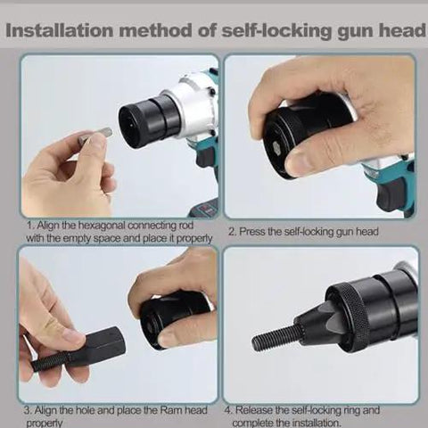 Kickass 26V Cordless Rivet Nut Gun Kit With 5.2Ah Battery Automatic Electric Riveter installation method steps with tool parts shown.