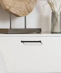 25 Pack Black Cabinet Handles Square Drawer Pulls 4 Inch Overall Length 96mm Hole Center 3-3/4 Inch Solid Zinc Alloy Kitchen Cabinet Pulls For Cabinets, Dresser, And Furniture In Modern Homes installed on drawer