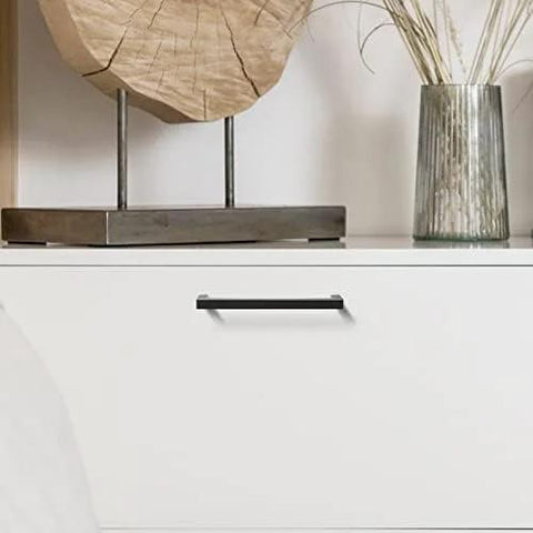 25 Pack Black Cabinet Handles Square Drawer Pulls 4 Inch Overall Length 96mm Hole Center 3-3/4 Inch Solid Zinc Alloy Kitchen Cabinet Pulls For Cabinets, Dresser, And Furniture In Modern Homes installed on drawer
