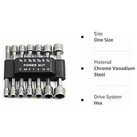 14 Piece Power Nuts Driver Drill Bit Set With Metric Sockets And Wrenches, One Quarter Inch Hex Driver Bits And Hex Keys, Heavy Duty Steel With ABS Construction, Rust Resistant, Built For Quick Changes And Real World DIY Projects shown in a holder with size and material details.