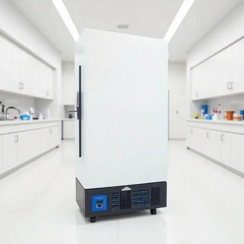 Top Tier Heavy Duty Ultra Low Temp Upright Mini Fridge Freezer For Lab Samples And Supplies Compact Deep Freeze Cold Storage Solution in a lab setting.