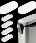 Transparent Wall Protectors Behind Trash Cans, 6 Pack Silicone Bumpers For Lids And Bodies shown with trash can, two large, four small bumpers