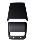 Fresh Matte Black Rear Air Vent Covers Plus Center Console Armrest Wraps For Tesla Model Y And Model 3 displayed from above.
