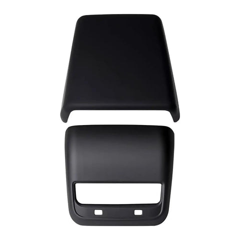 Fresh Matte Black Rear Air Vent Covers Plus Center Console Armrest Wraps For Tesla Model Y And Model 3 displayed from above.