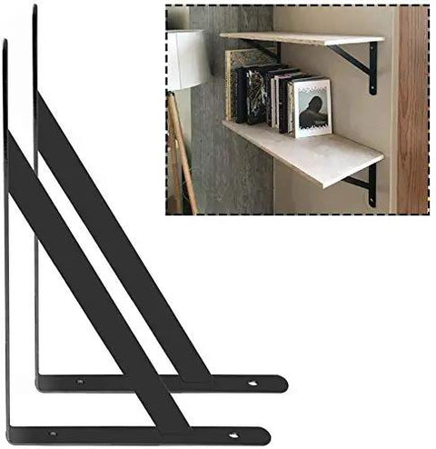 Black heavy duty shelf brackets with L corner braces, triangular tripod style, installed as floating shelves in rustic wood shelving setup.