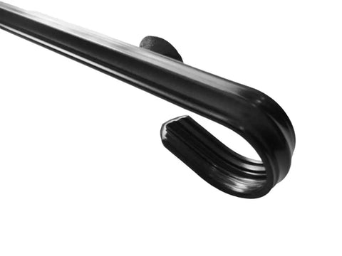 Close-up of Top Shelf Two Foot Wrought Iron Handrail, showcasing the black metal curve and smooth finish, ideal for indoor outdoor use.