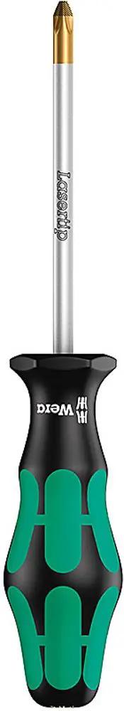 Kraftform Plus 350 PH Philips Screwdriver With Lasertip Drive PH 2 Head, black-green ergonomic handle, visible 4 inch shaft.