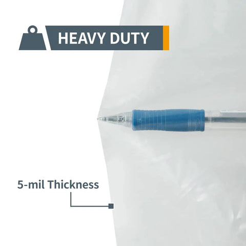 Heavy Duty Clear Dust Collection Bags 20 Inch By 43 Inch, 5 Mil Thick, showing heaviness and pen for thickness comparison