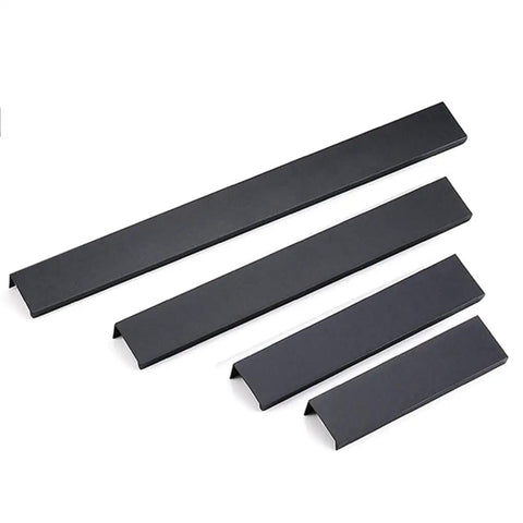 Edge Finger Pulls 2 Pack Hidden Cabinet Handles Aluminum Alloy Anti Rust Door Levers in various sizes on white background.