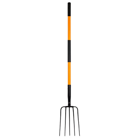 Heavy Duty Garden Pitch Fork With 5 Tines And Fiberglass Handle 58 Inches One Piece High Carbon Steel Head Rust Resistant Coating Non Slip Grip