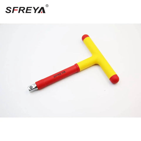 Pro Grade Vde Insulated T Handle Socket Wrench Built Ridiculously Tough For Licensed Electricians Rated Solid 1000 Volts Ac with yellow and red grip.