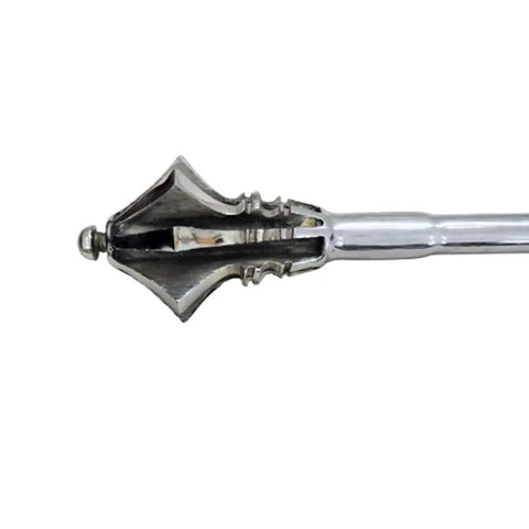 Close-up of Beefy Carbon Steel Mace Prop for Knight Costume and Stage Battle, LARP Ready, featuring Gothic pattern head, 24.5 inch overall.