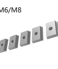 Beefy Five Piece Aluminum Alloy T Track Nuts M6 M8 Set For T Slot Woodworking, shown laid out in a row