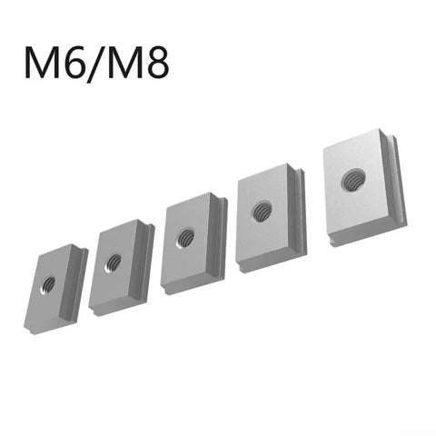 Beefy Five Piece Aluminum Alloy T Track Nuts M6 M8 Set For T Slot Woodworking, shown laid out in a row