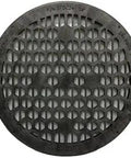 24 Inch Black Drainage Cover That Fits All 24 Inch PVC And Single Or Double Wall Polyethylene Riser Pipes With Replaceable Water Tight Seal And Stainless Steel Screws Included For Durable Outdoor Drainage top view showing round grid pattern
