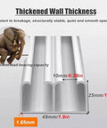 Cross-section of aluminum sliding barn door track with load-bearing capacity, measurements, and elephant illustration.