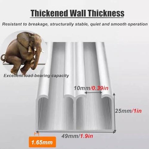 Cross-section of aluminum sliding barn door track with load-bearing capacity, measurements, and elephant illustration.