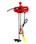 Heavy Duty Electric Chain Hoist With 1000 Pound Lifting Capacity And Fifteen Foot Stroke features a red coated frame and chain for heavy lifting.