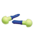 E A R Push Ins Earplugs For Noise Reduction 28 dB, blue foam with stems, easy push to fit, close-up of two earplugs with clean poly bag