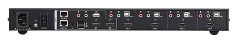 Close-up of the Top Tier 4 Port USB HDMI Multi View KVMP Switch showing ports for effortless desk management and connections.