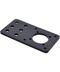 Black rectangular mounting plate for Nema 17 stepper motors with multiple holes and a large central opening.