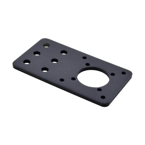 Black rectangular mounting plate for Nema 17 stepper motors with multiple holes and a large central opening.