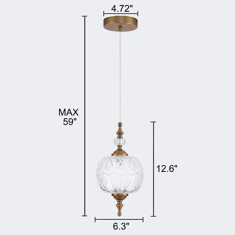 Antique Style Adjustable Glass Pendant Light Fixture With Brass Hardware For Kitchen Island And Dining Room, Old School Vintage Vibe, G9 Bulb Holder, 6.3 Inch Shade, 11.8 Inch Height, Hardwired Ceiling Pendant with dimensions