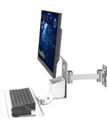 Hella Sturdy Monitor Mount With Foldable Keyboard Tray For Clean Workspaces with a monitor and keyboard setup angled for desk space.