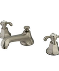French Country Widespread Lavatory Faucet With Pop Up Drain In Brushed Nickel showing elegant design and solid brass construction