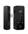 Slick Smart Fingerprint Door Lock And Password Code For Frameless Sliding Doors with a sleek black finish and keypad, side view.