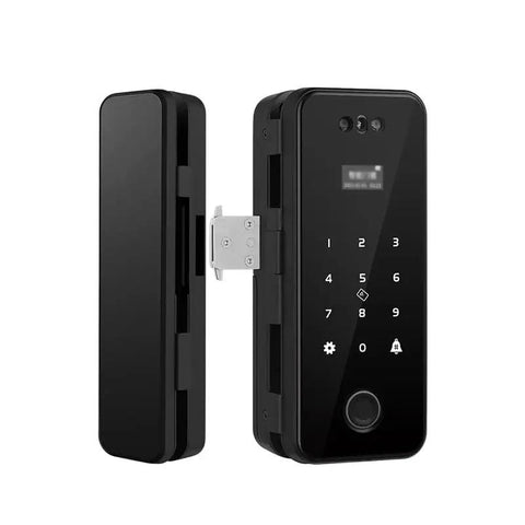 Slick Smart Fingerprint Door Lock And Password Code For Frameless Sliding Doors with a sleek black finish and keypad, side view.