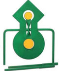 Double Reaction Metal Spinner Target For Range And Practice, green steel target with orange inside dots, front view.